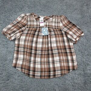 Market & Spruce Shirt Womens XXL Brown Plaid Smocked Puff Sleeve Tunic NWT